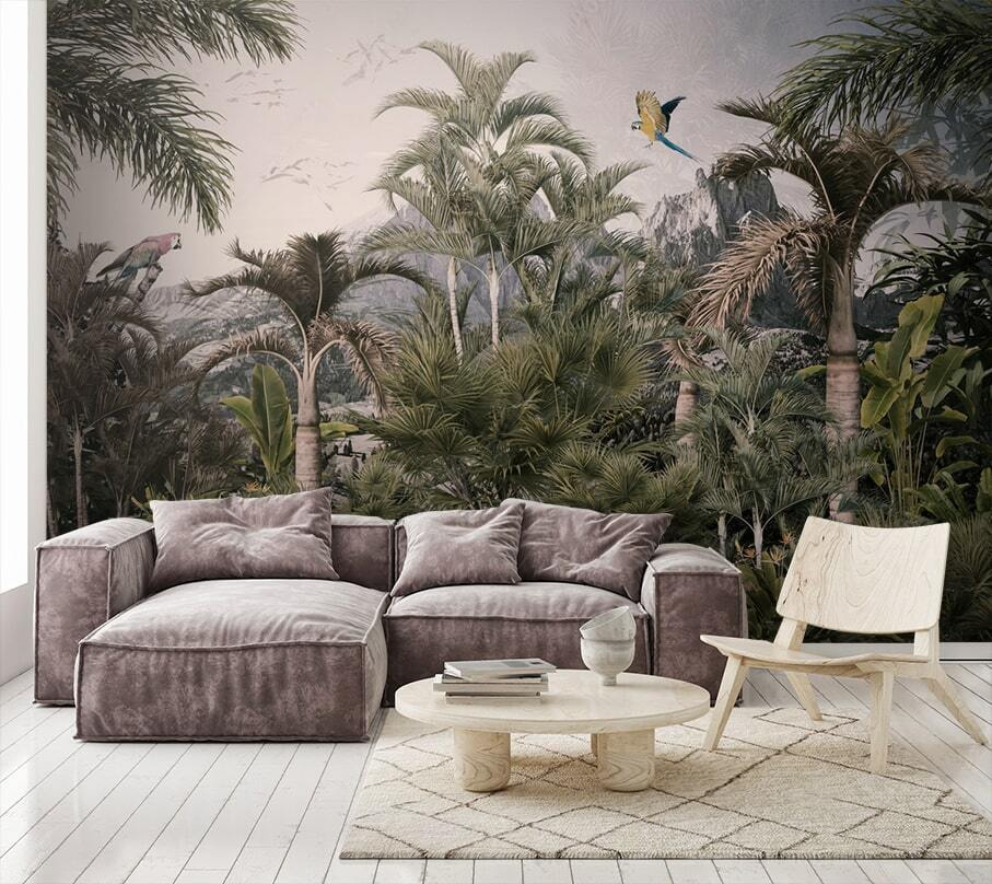 Vögel über fernem Dschungel in einem Interieur