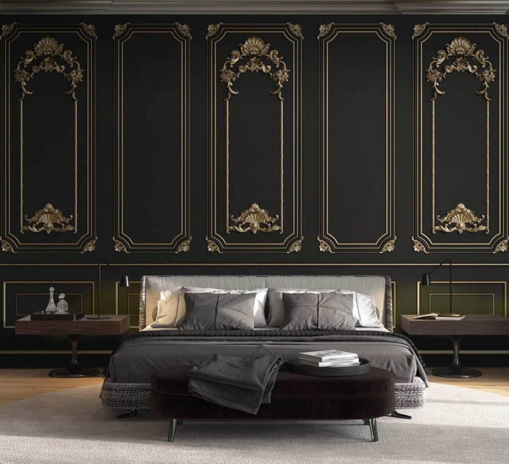 Goldene Zierleisten auf Schwarz in einem Interieur