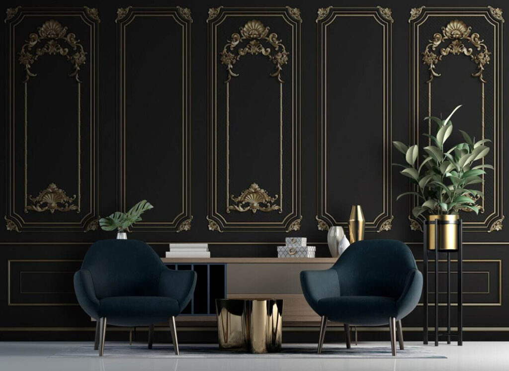 Goldene Zierleisten auf Schwarz in einem Interieur