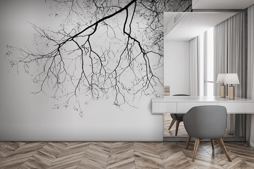 Kahle Äste vor Winterweiß in einem Interieur