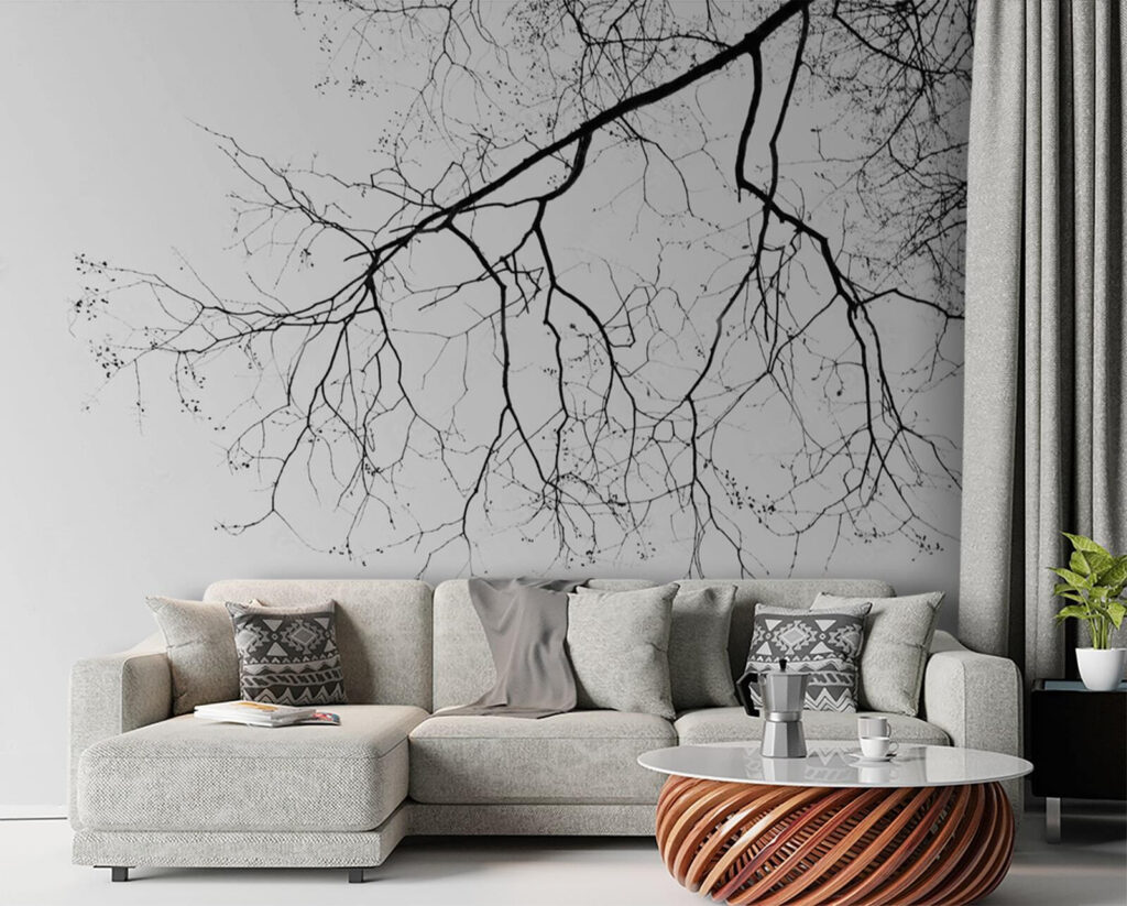 Kahle Äste vor Winterweiß in einem Interieur