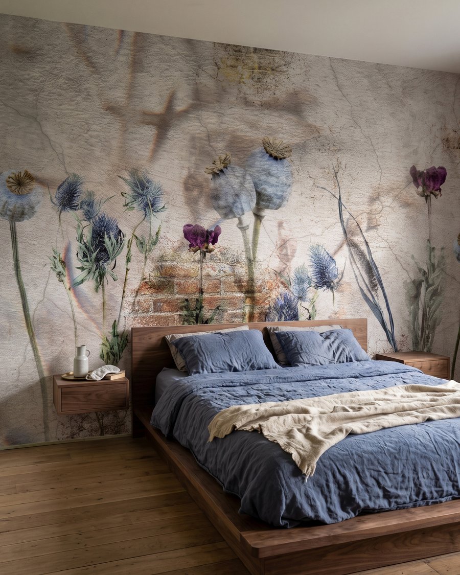 Disteln vor verwittertem Backstein in einem Interieur