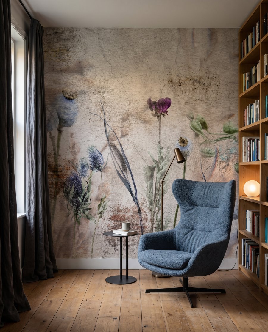 Disteln vor verwittertem Backstein in einem Interieur