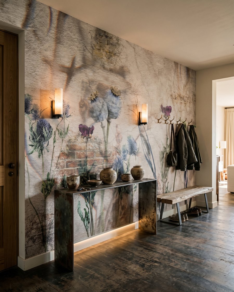 Disteln vor verwittertem Backstein in einem Interieur