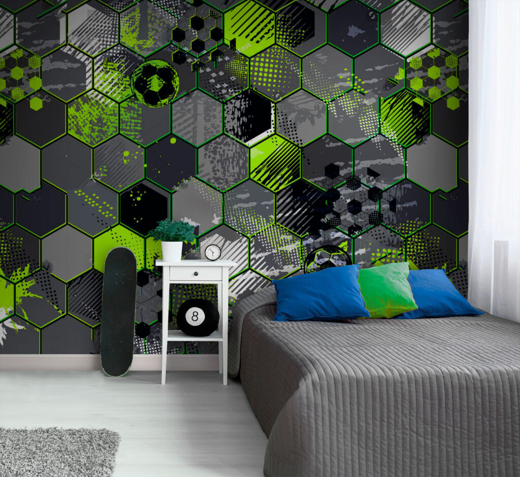 Fußball in grünen Sechsecken in einem Interieur