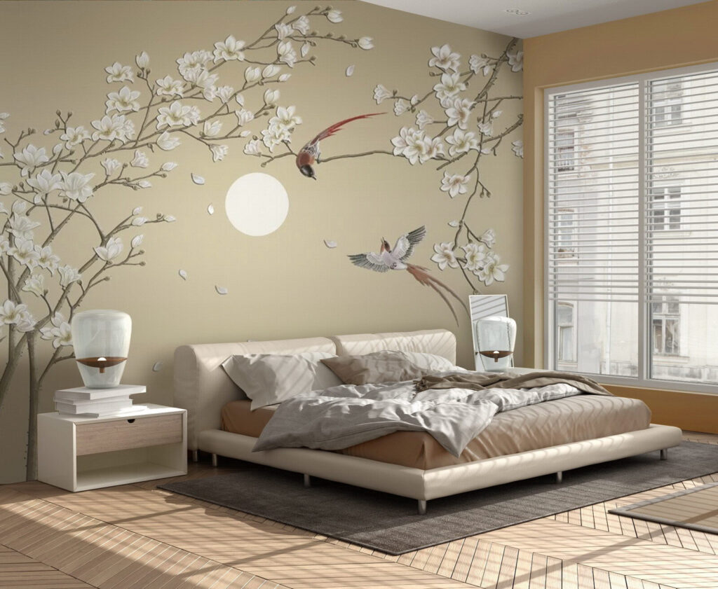 Vögel über Frühlingsblüten in einem Interieur