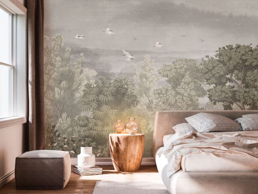 Vögel über gemaltem Wald in einem Interieur