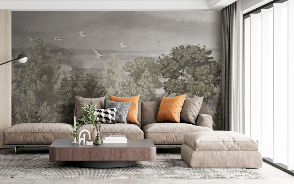Vögel über gemaltem Wald in einem Interieur