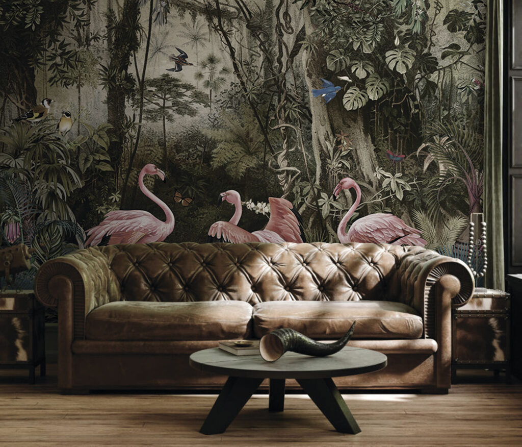 Flamingos zwischen alten Stämmen in einem Interieur