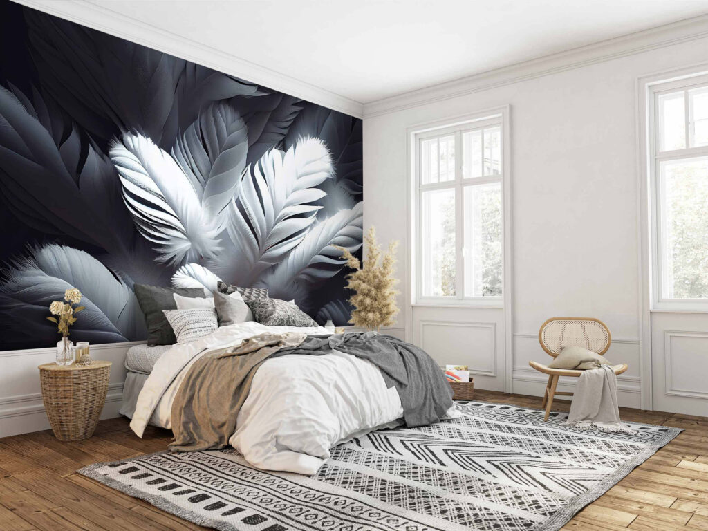 Weiße Federn auf Dunkelblau in einem Interieur