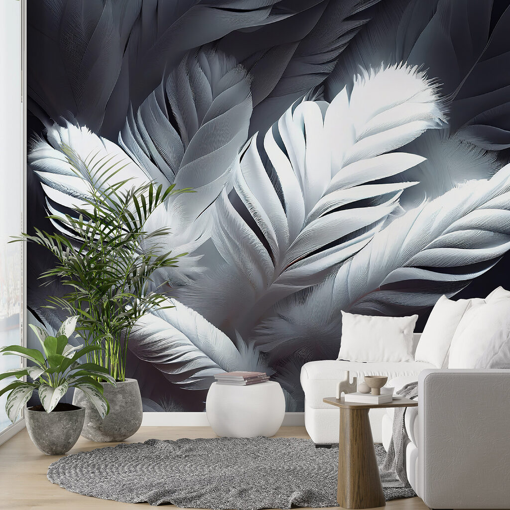 Weiße Federn auf Dunkelblau in einem Interieur