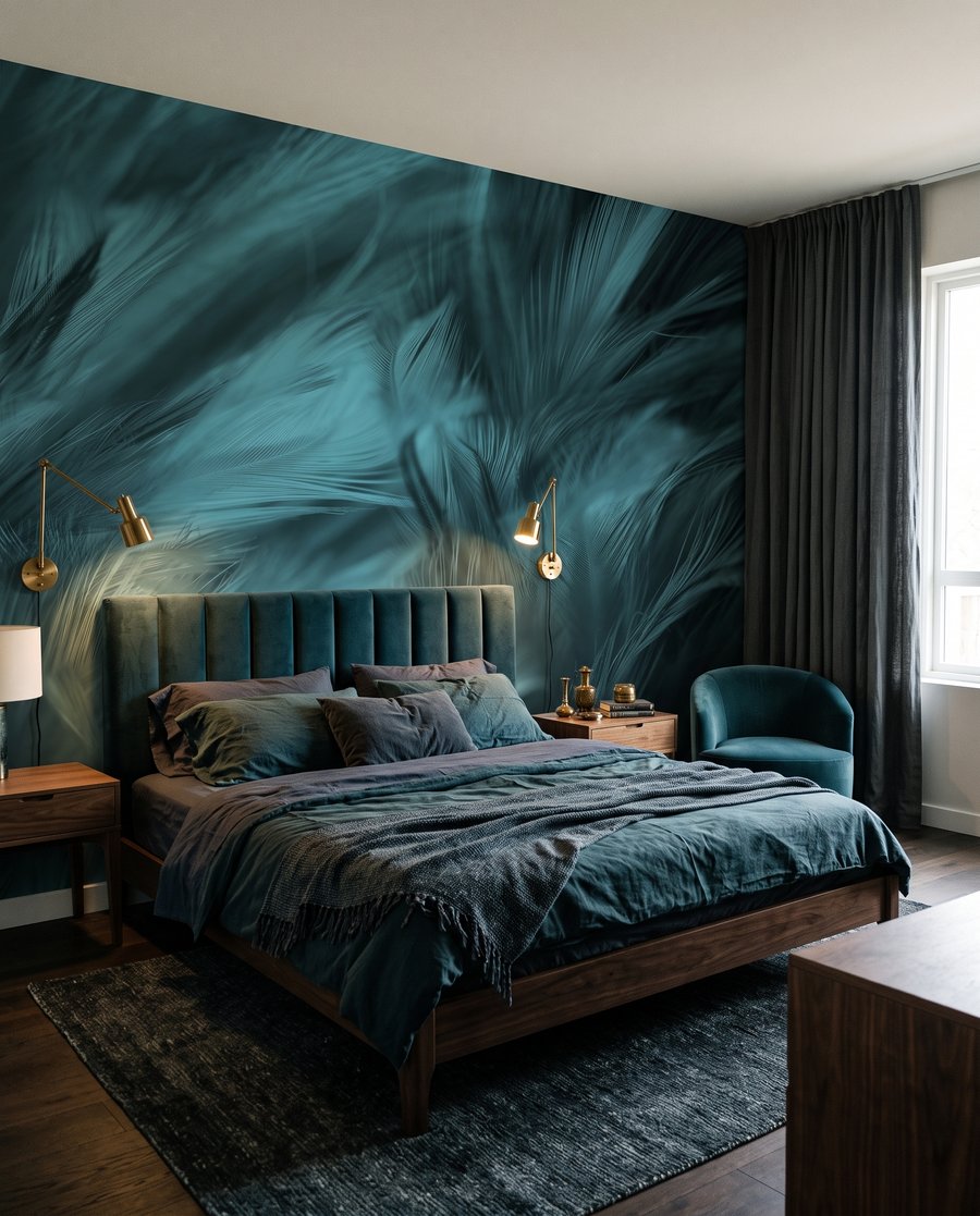 Türkise Federn im Fluss in einem Interieur
