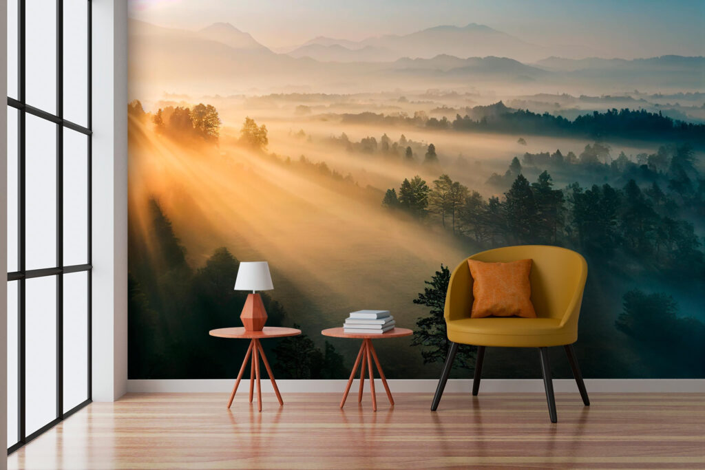 Sonnenstrahlen über schlafendem Wald in einem Interieur