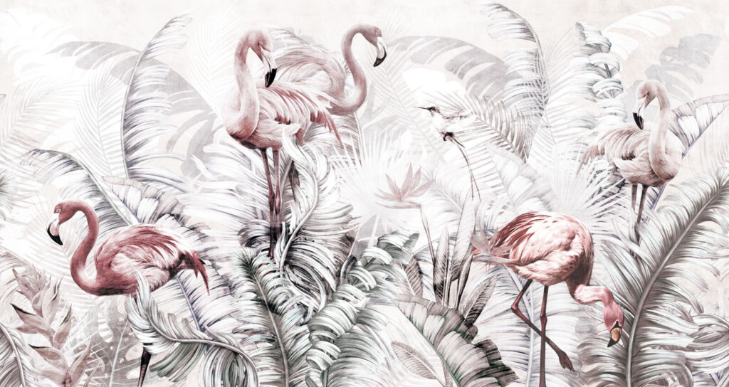 Flamingos zwischen grauen Zweigen — ganzes Design
