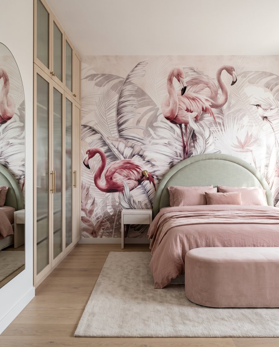 Flamingos zwischen grauen Zweigen in einem Interieur