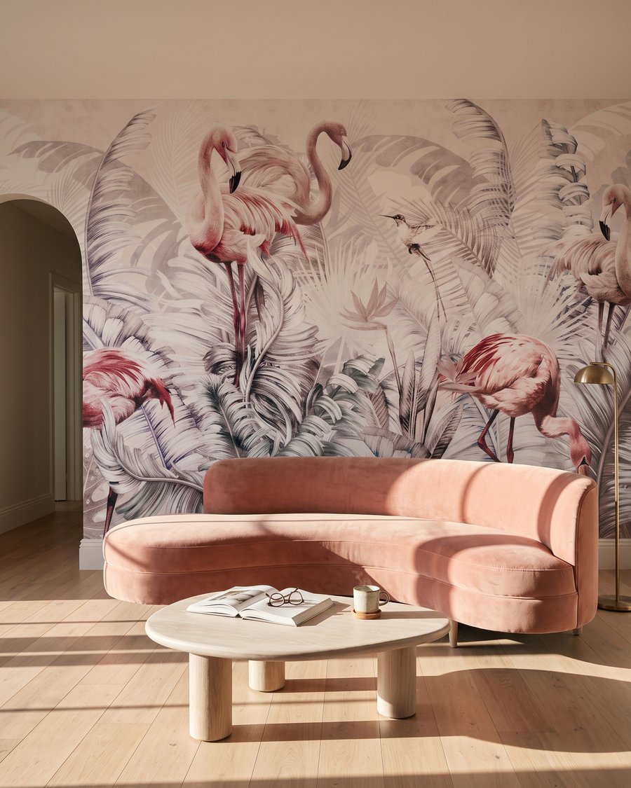 Flamingos zwischen grauen Zweigen in einem Interieur
