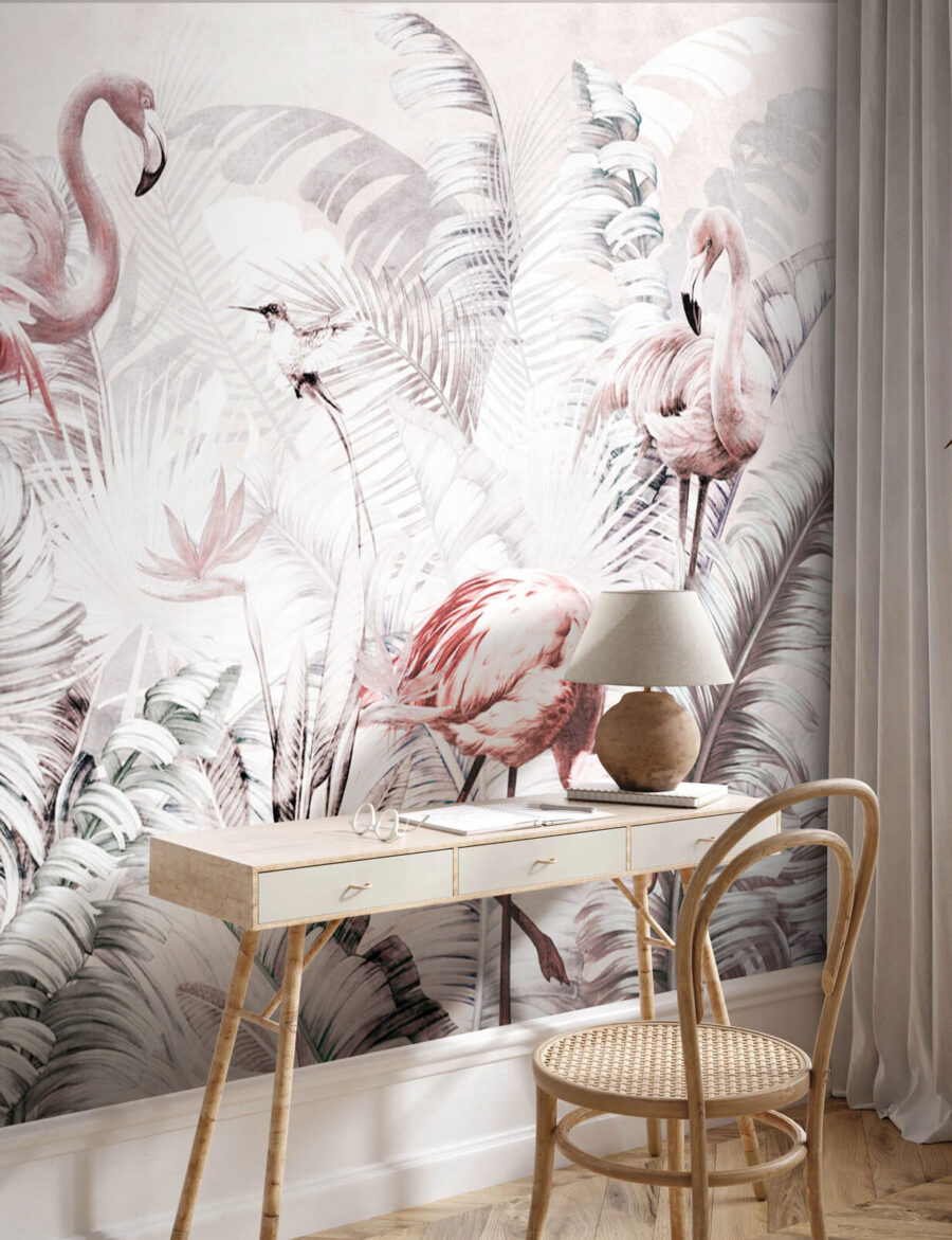 Flamingos zwischen grauen Zweigen in einem Interieur