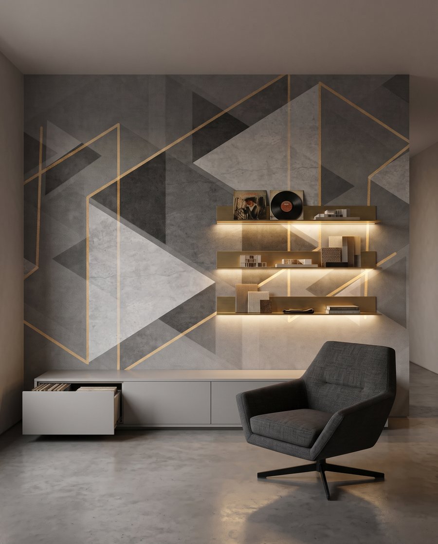 Dreiecke in grauer Tiefe in einem Interieur
