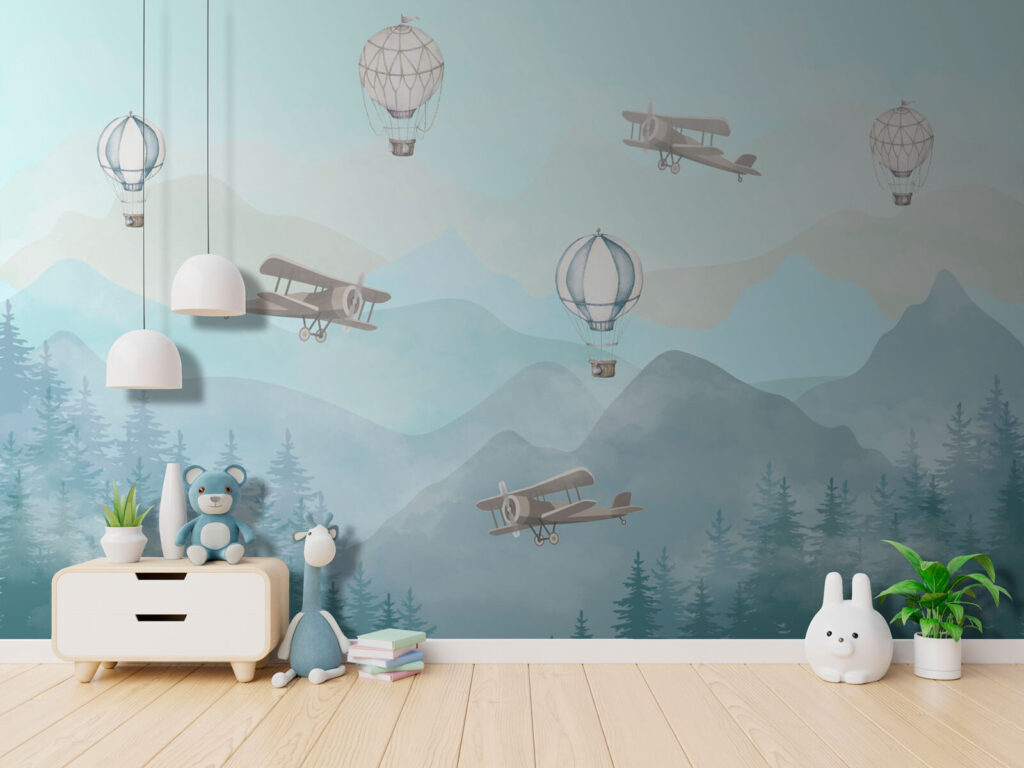 Flugzeuge über blassen Bergen in einem Interieur