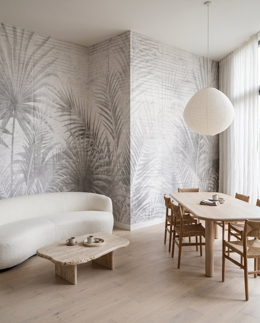 Weiße Palmen vor Backstein in einem Interieur