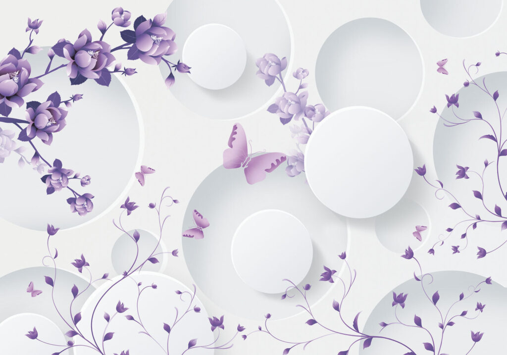 Lila Blüten zwischen Kreisen — ganzes Design