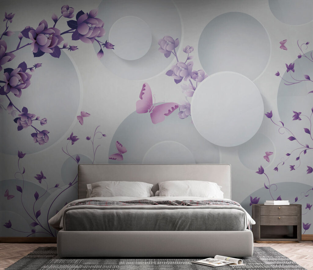 Lila Blüten zwischen Kreisen in einem Interieur