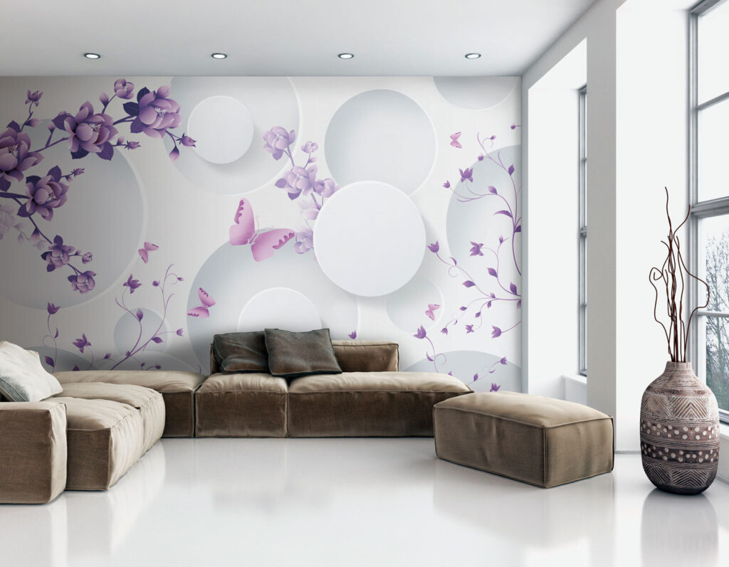 Lila Blüten zwischen Kreisen in einem Interieur