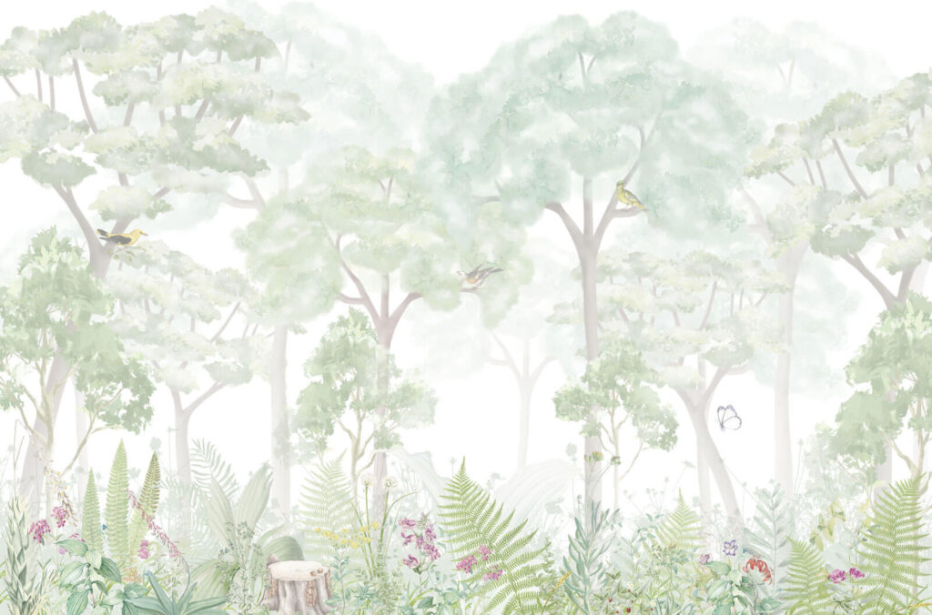 Helle Bäume über Blüten — ganzes Design