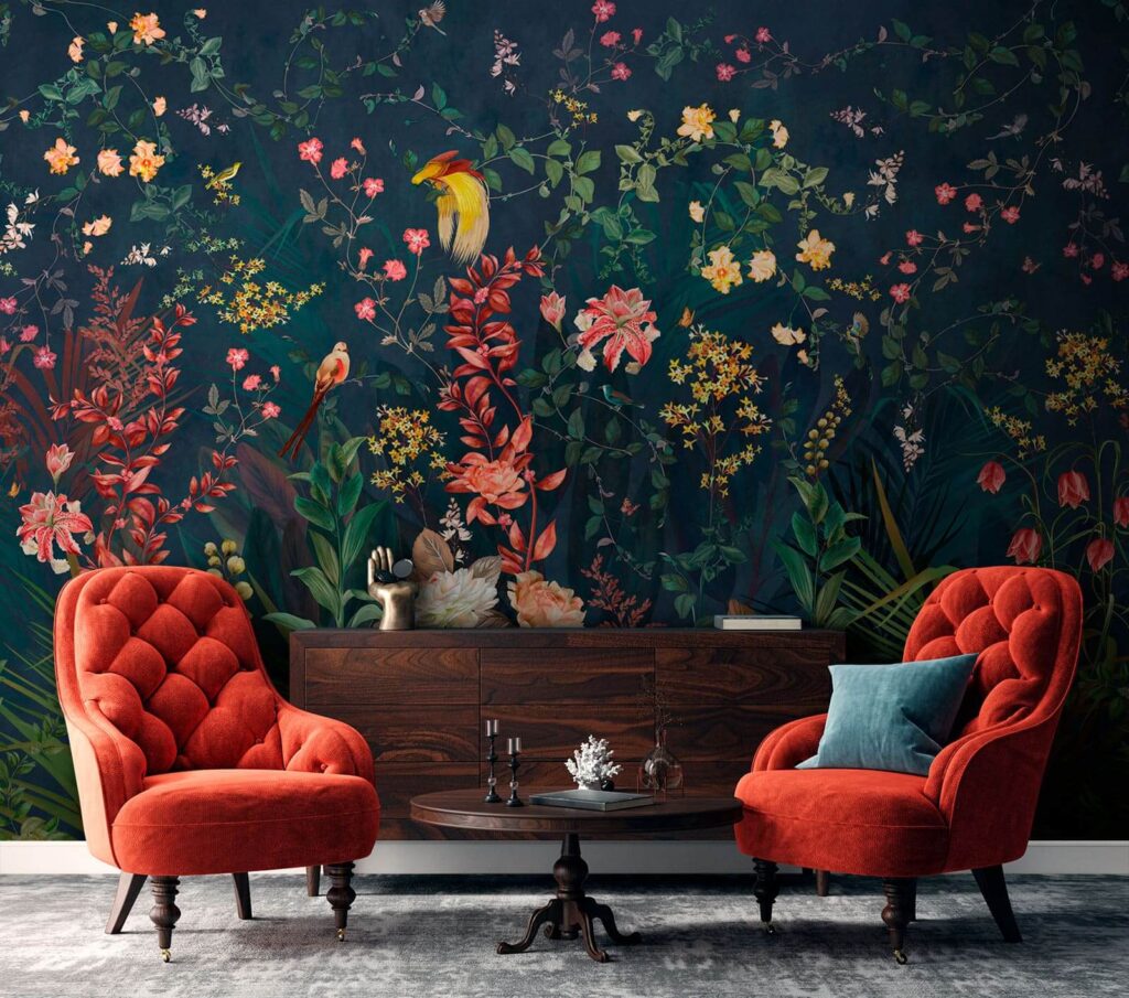 Nachtgarten voller Blüten in einem Interieur