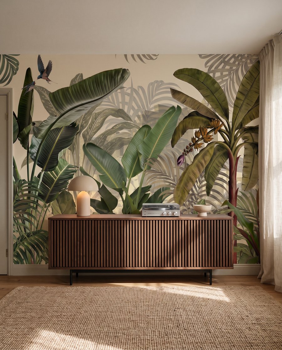 Blätter über tiefem Grün in einem Interieur
