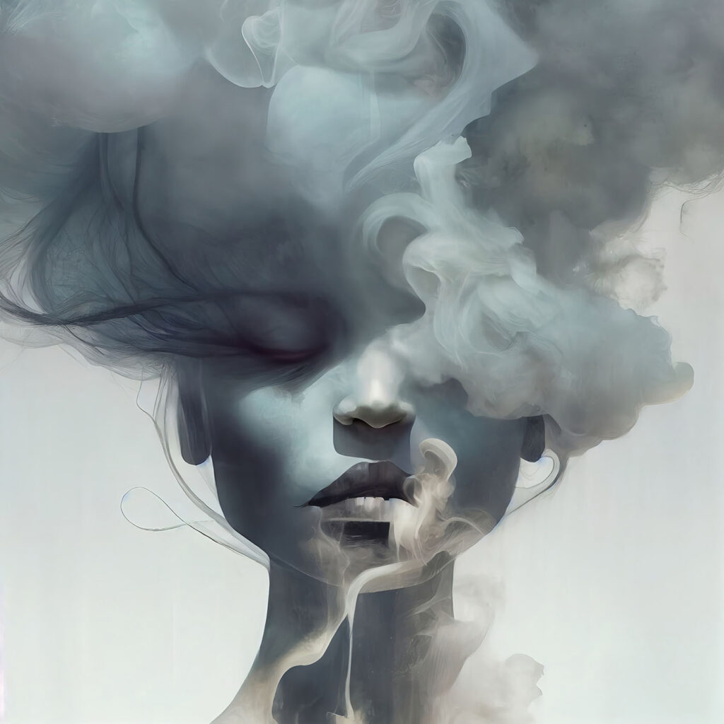 Gesicht hinter blauen Wolken — ganzes Design