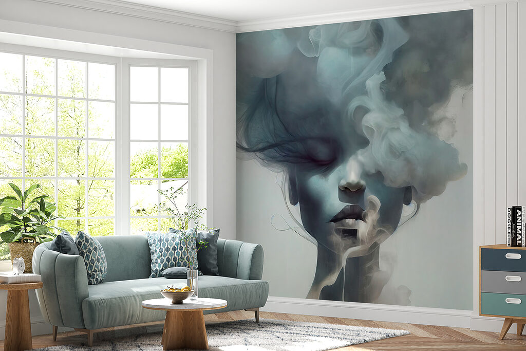 Gesicht hinter blauen Wolken in einem Interieur