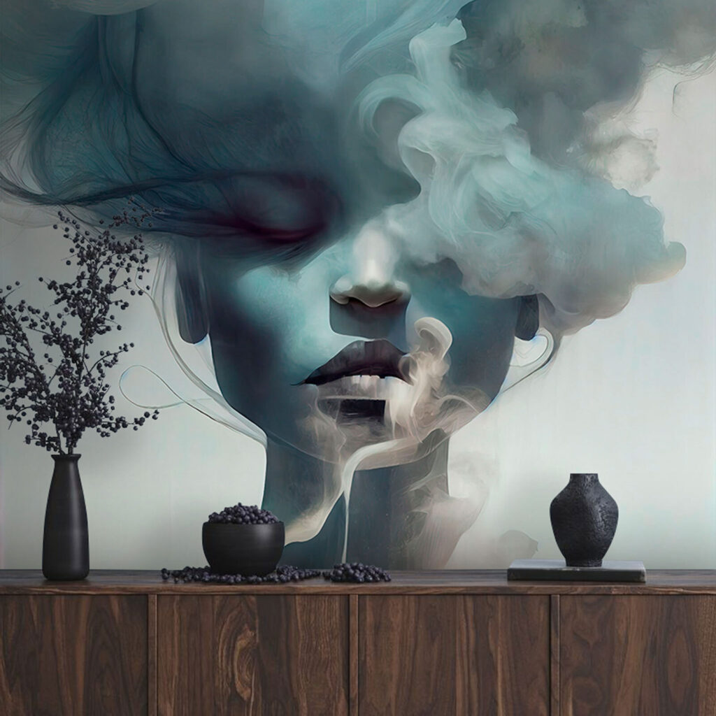 Gesicht hinter blauen Wolken in einem Interieur