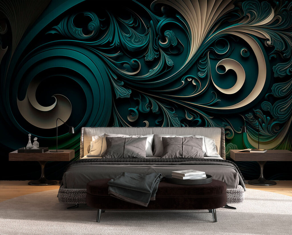 Dunkelgrüne Schnörkel mit Gold in einem Interieur