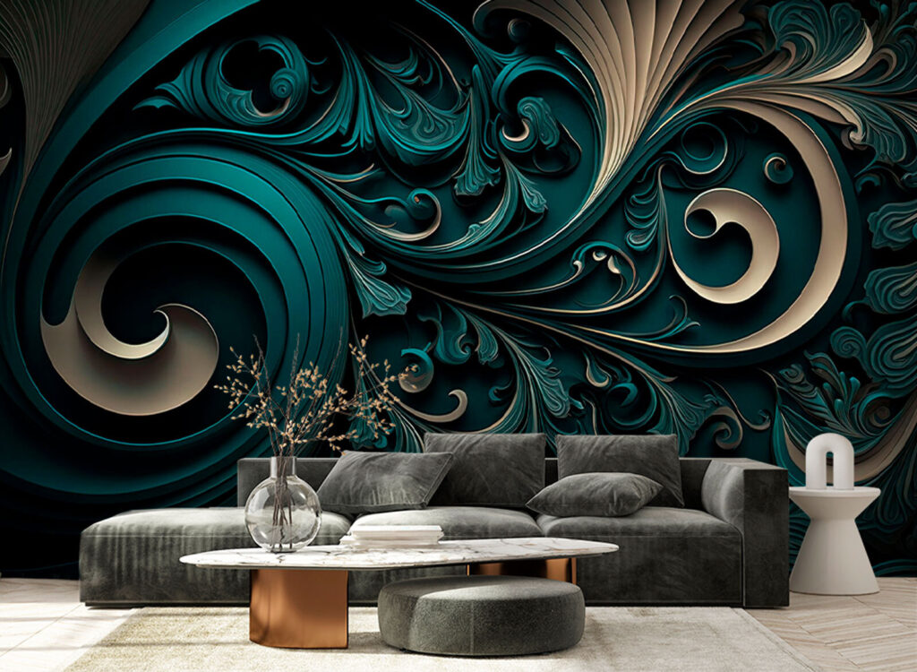 Dunkelgrüne Schnörkel mit Gold in einem Interieur