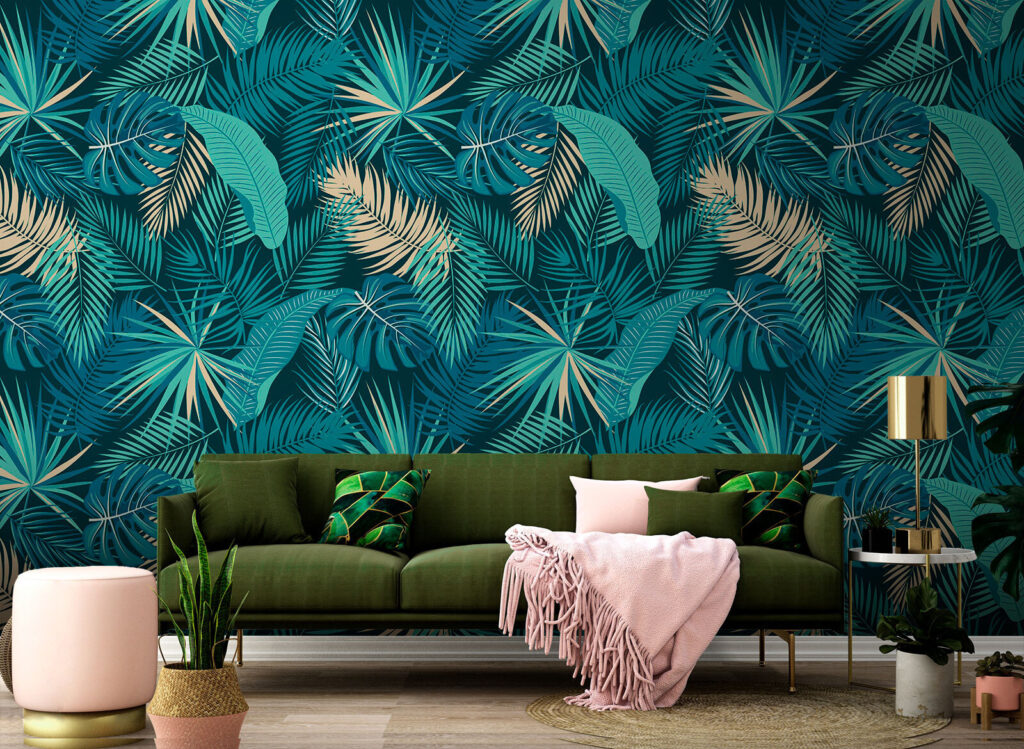Palmen in Ozeanfarben in einem Interieur