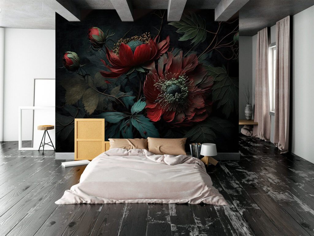 Stille dunkelrote Blüten in einem Interieur
