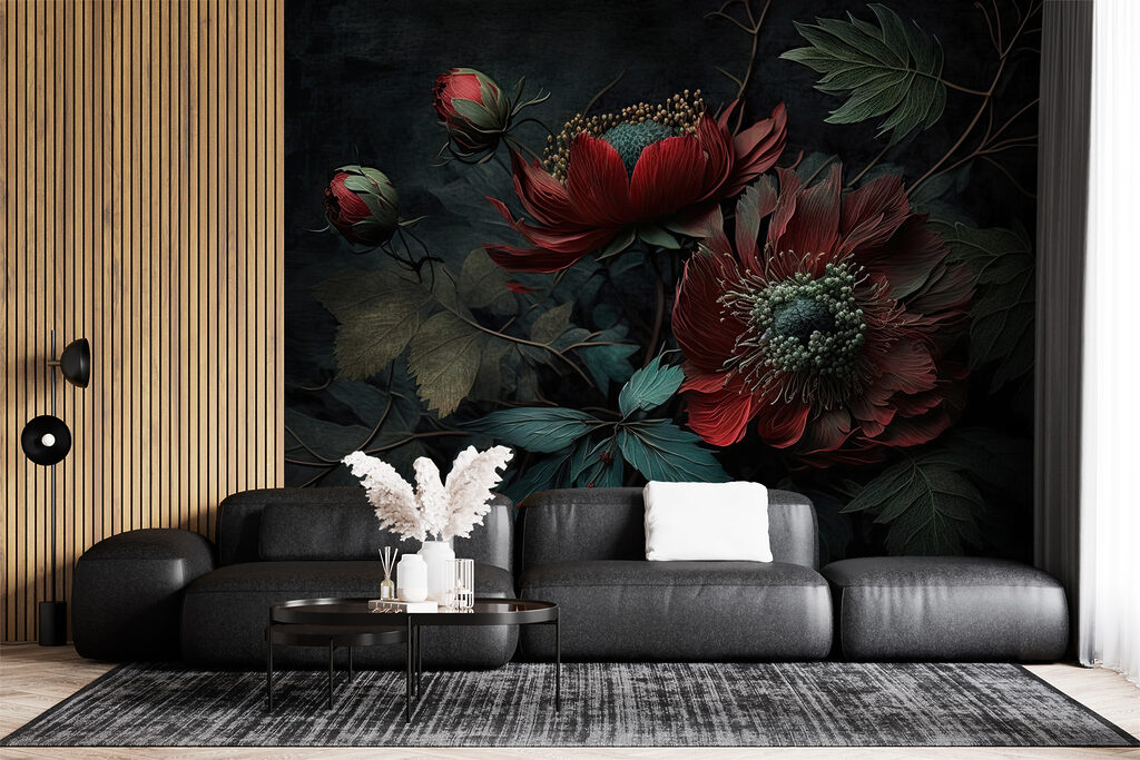 Stille dunkelrote Blüten in einem Interieur