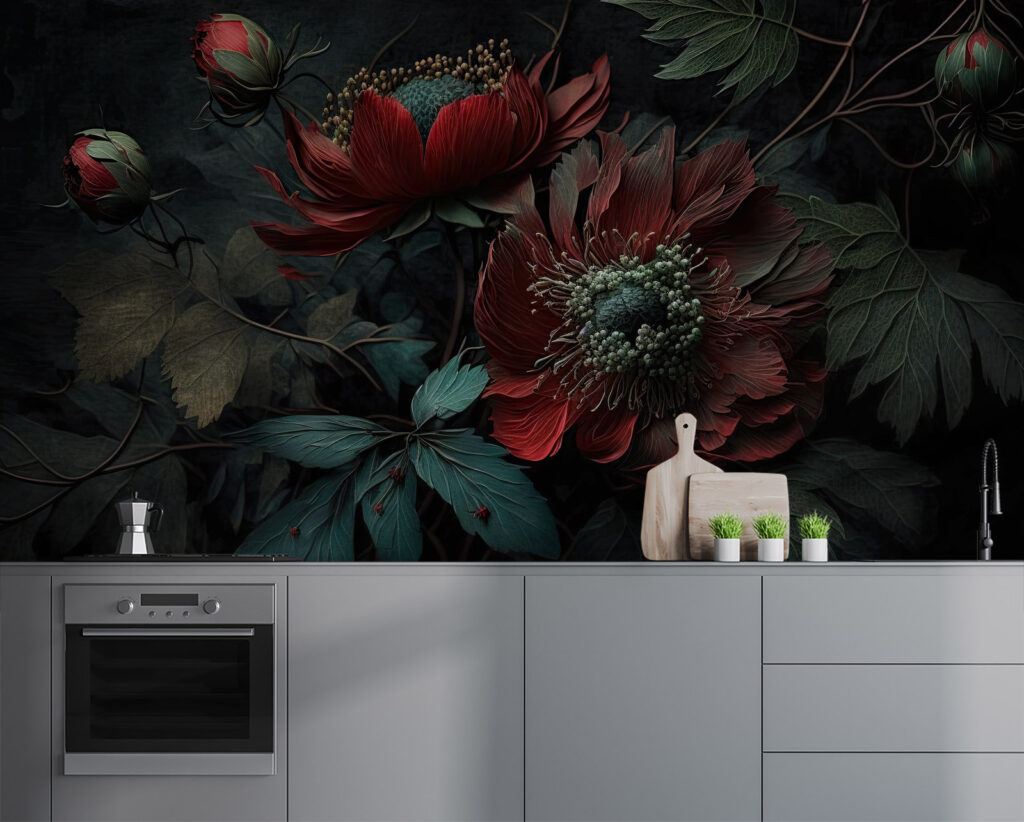 Stille dunkelrote Blüten in einem Interieur