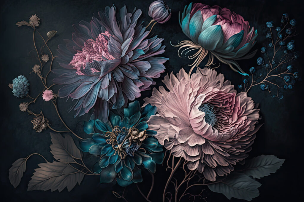 Rosa Blüten auf Dunkelblau — ganzes Design