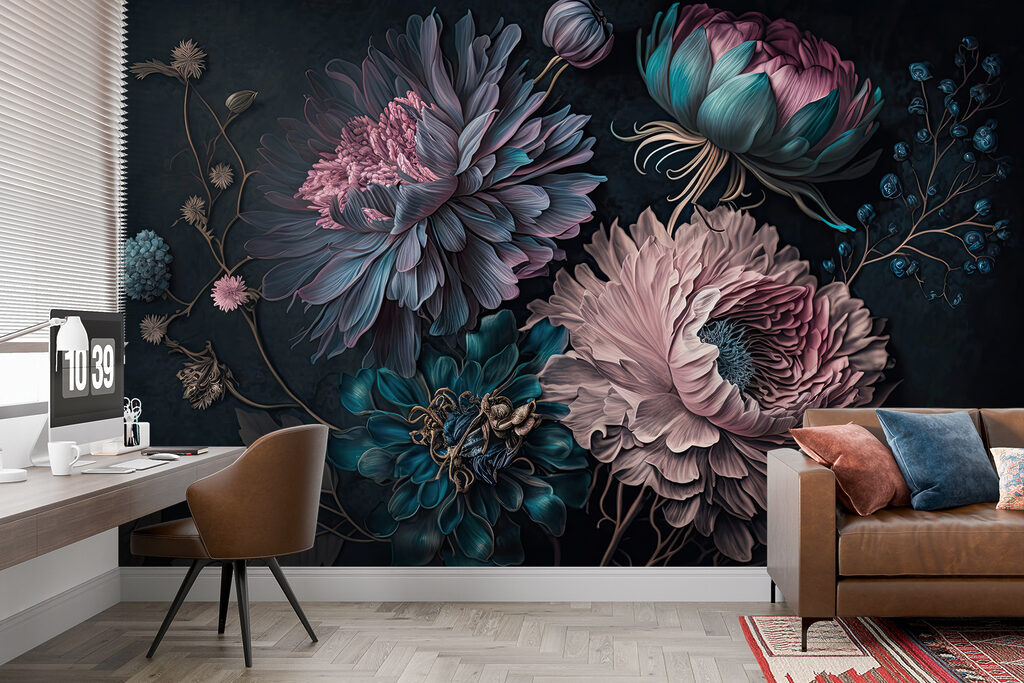 Rosa Blüten auf Dunkelblau in einem Interieur