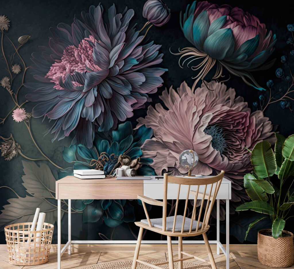 Rosa Blüten auf Dunkelblau in einem Interieur
