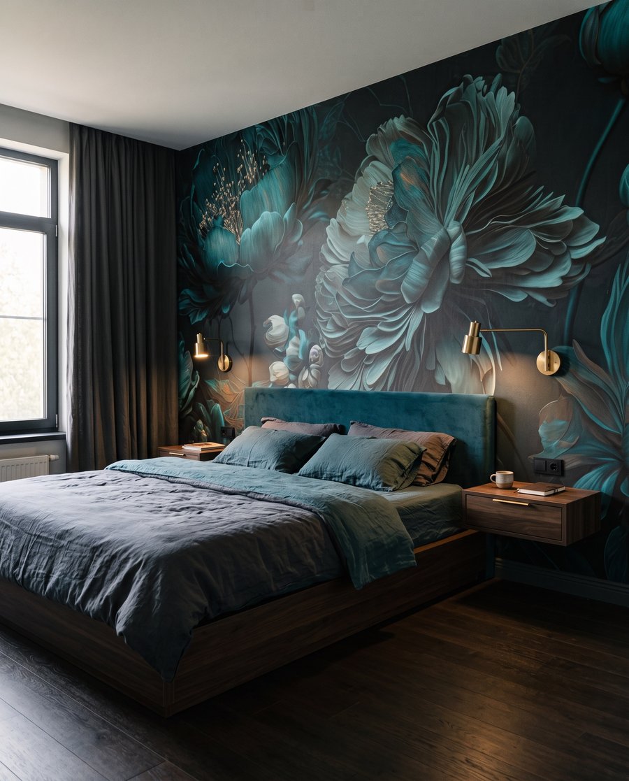 Blüten in nächtlichem Türkis in einem Interieur