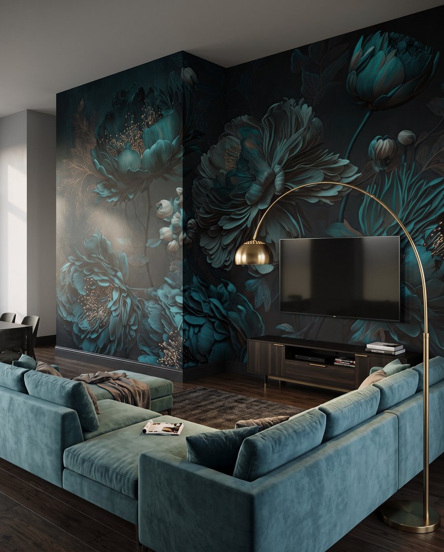 Blüten in nächtlichem Türkis in einem Interieur