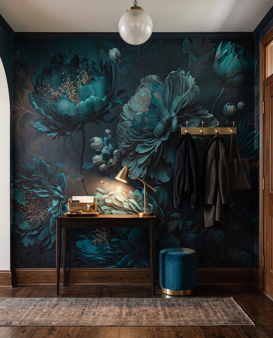 Blüten in nächtlichem Türkis in einem Interieur