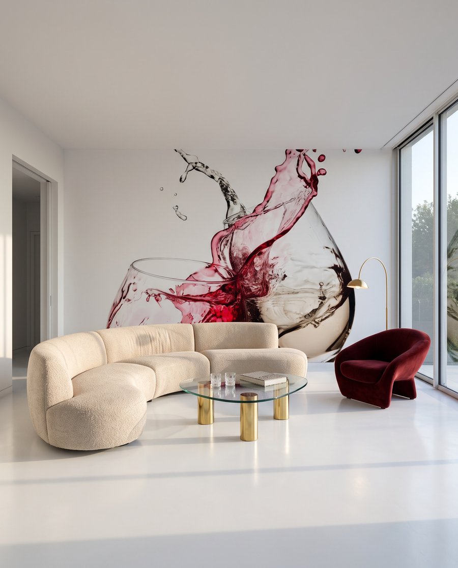 Weinspritzer am Glasrand in einem Interieur