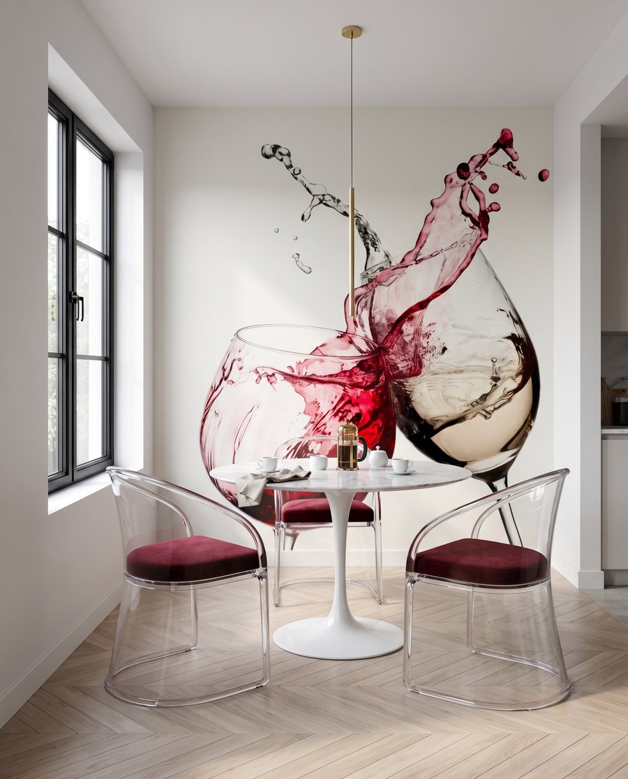 Weinspritzer am Glasrand in einem Interieur