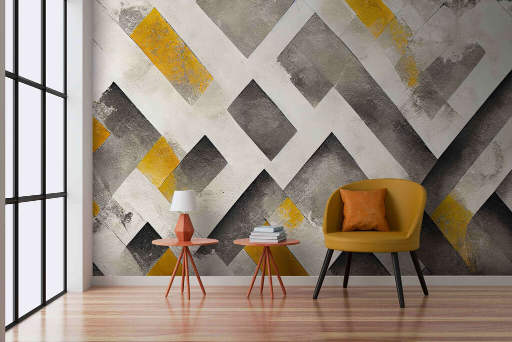 Gelbe Akzente in Grau in einem Interieur