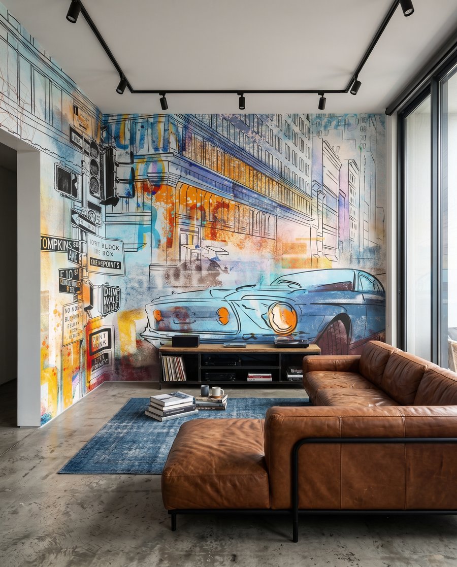 Oldtimer in gemalter Stadt in einem Interieur