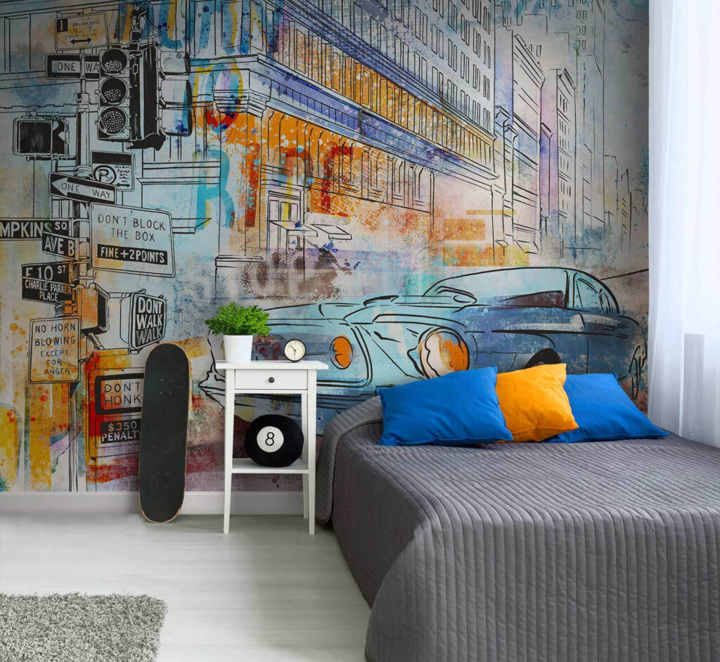 Oldtimer in gemalter Stadt in einem Interieur